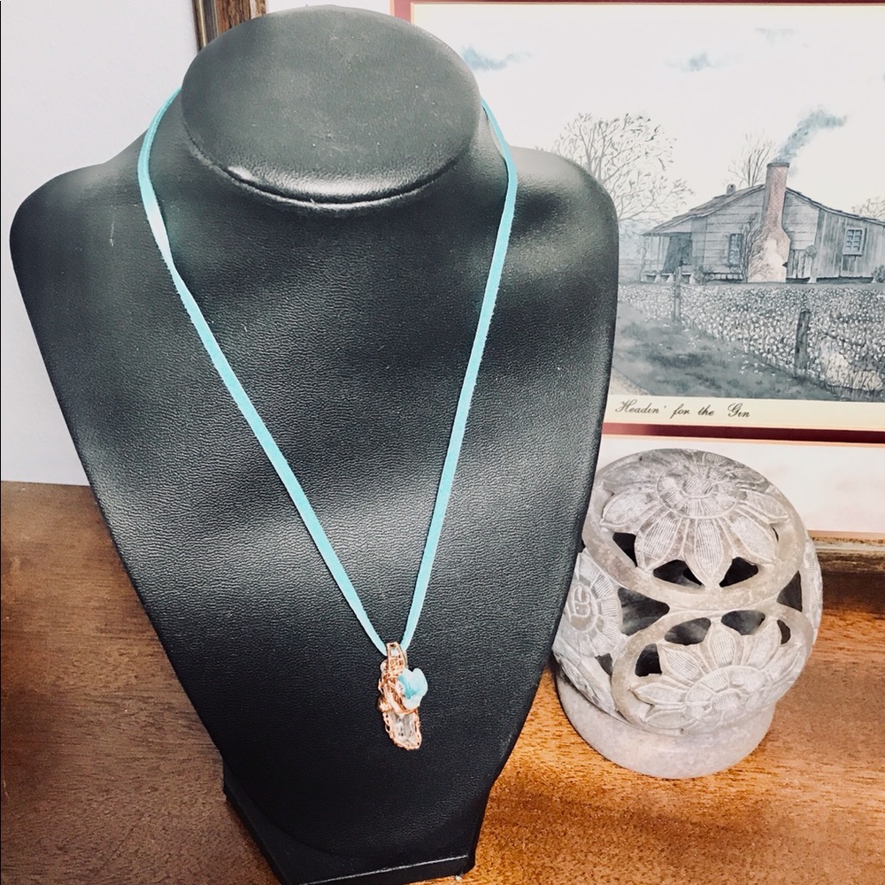 Handcrafted Copper Wire Wrapped Crystal & Stone Chip Pendant onTurquoise Suede